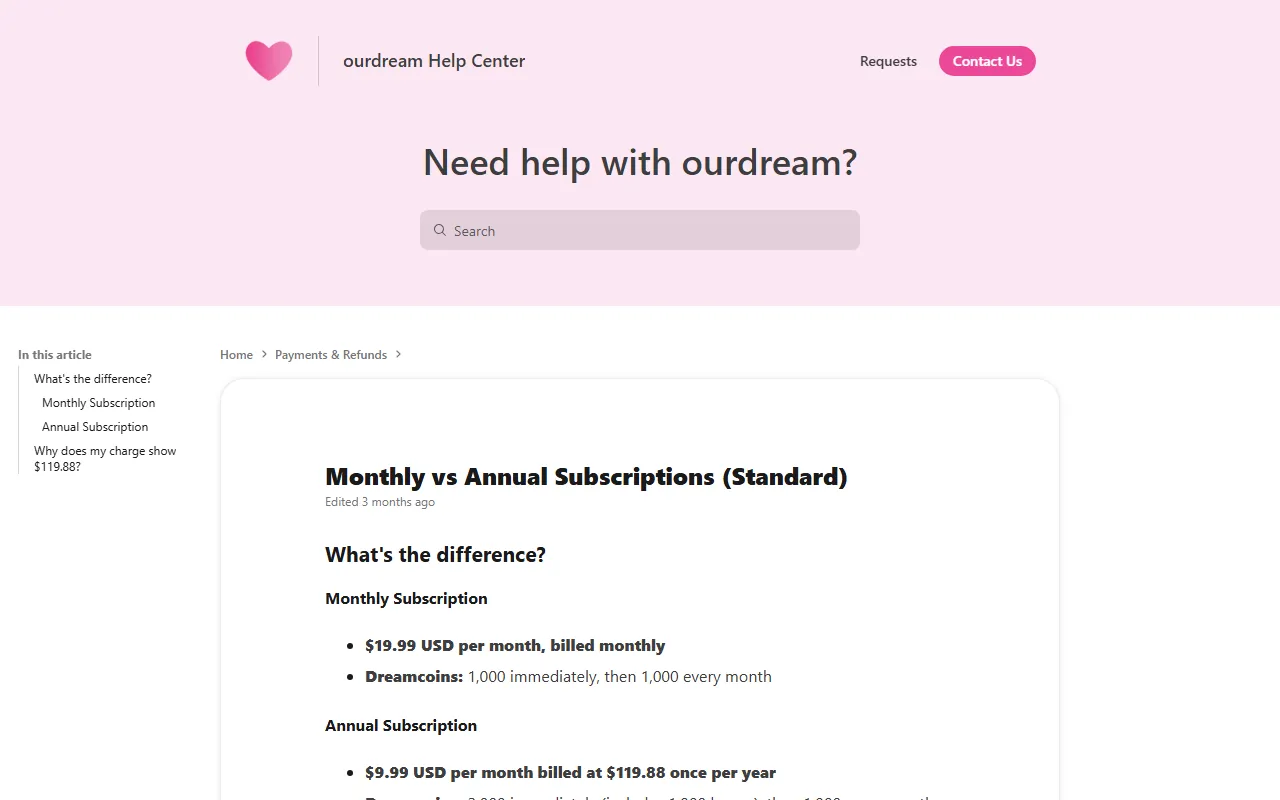 OurDream: Pricing page