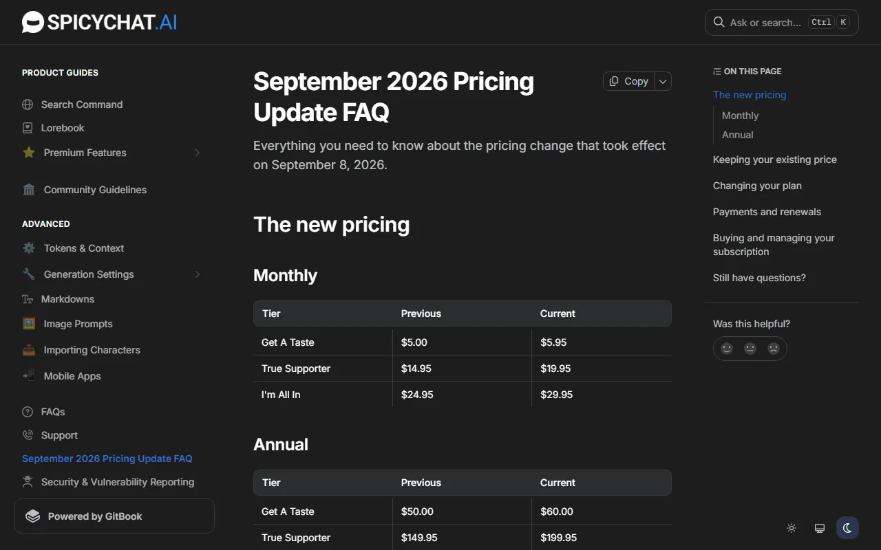 SpicyChat: Pricing page